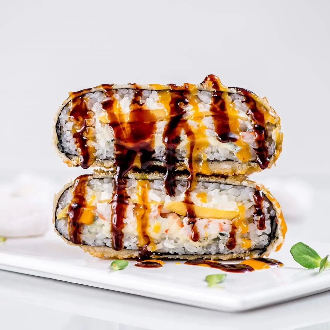 Sushi burger with shrimps and dor blue cheese
